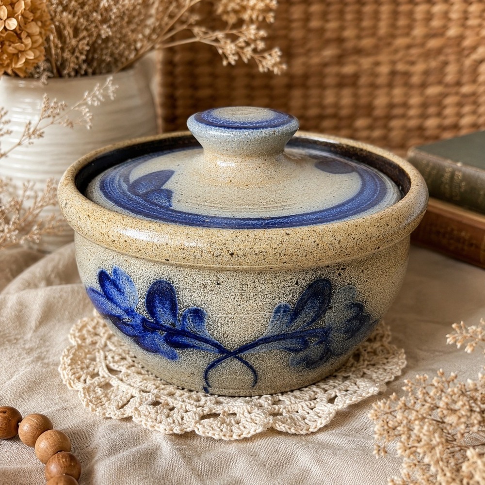 Vintage 1988 Rowe Pottery Works Stoneware Covered Casserole Pot Blue Floral USA